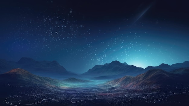 Cyfrowy krajobraz 3D z nocnym niebem i galaktyką mgławicy fantasy Generative AI AIG21