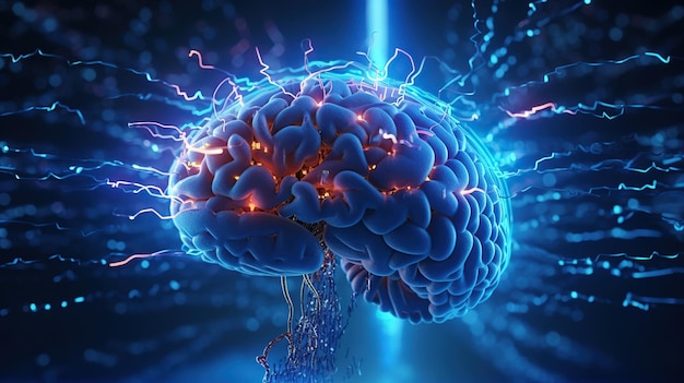 Zdjęcie cyfrowy kształt mózgu z niebieskim połączeniem neuronowym