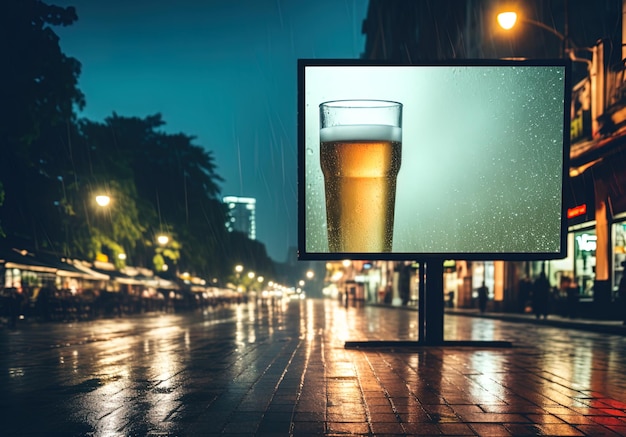 Cyfrowy makiety oświetlonej tablicy reklamowej w krajobrazie miejskim w nocy z nieoznakowaną szklanką na drinka