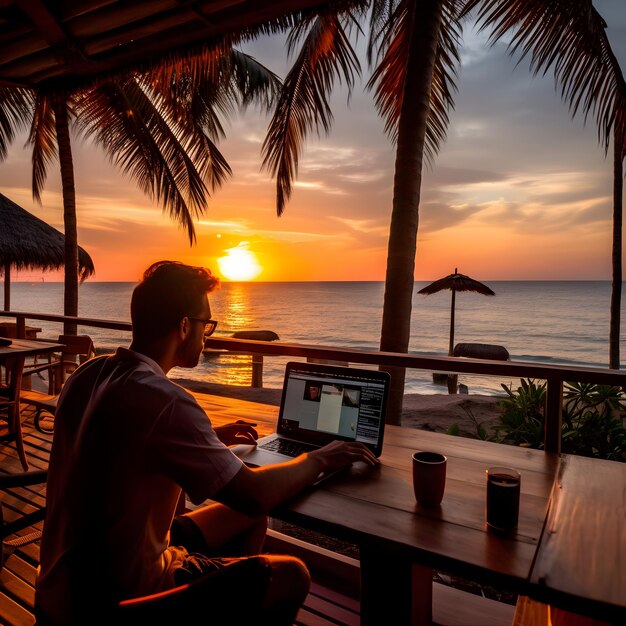 Cyfrowy nomad freelancer zdalnie pracuje na swoim laptopie na plaży zdobywając pieniądze na Wi-Fi