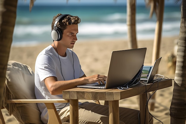 Cyfrowy nomad, młody chłopak pracujący na plaży