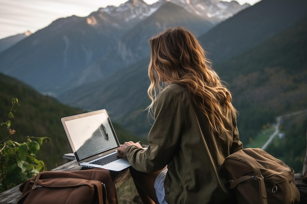 Zdjęcie cyfrowy nomad pracujący na laptopie z zapierającym dech w piersiach widokiem na góry stworzonym za pomocą generative ai