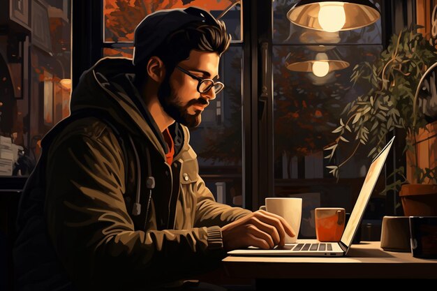 Cyfrowy nomad pracujący w kawiarni stworzony przy użyciu generatywnej sztucznej inteligencji