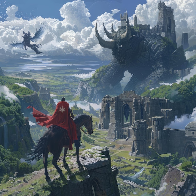 Zdjęcie cyfrowy obraz bajkowego zamku z czarnym koniem i smokiem