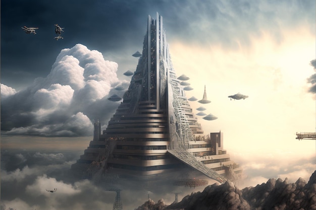 Cyfrowy obraz budynku z tłem nieba i napisem „piramida”
