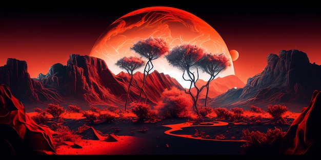 Cyfrowy obraz czerwonej planety z drzewami na pierwszym planie i dużą planetą wznoszącą się w tle Ilustracja sztuki kosmicznej Generacyjna sztuczna inteligencja