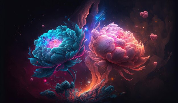 Cyfrowy obraz dwóch kwiatów ze słowami „różowy i niebieski” na dole