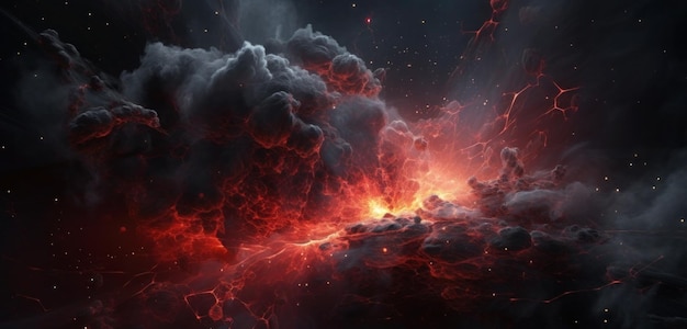 Cyfrowy obraz eksplozji lawy z czarnym tłem i czerwoną chmurą z dymem