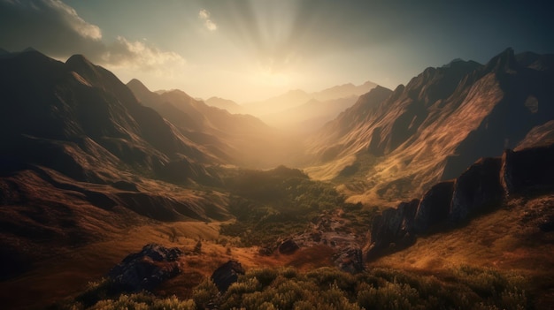 Cyfrowy obraz górskiego krajobrazu z zachodem słońca w tle.