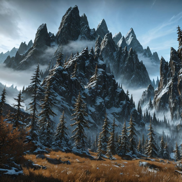 Cyfrowy obraz górskiej sceny z lasem i górą w tle