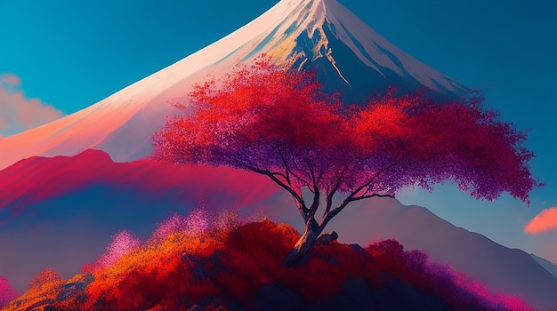 Cyfrowy obraz góry z kolorowym drzewem na pierwszym planie