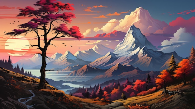 Cyfrowy obraz góry z kolorowym drzewem na pierwszym planie