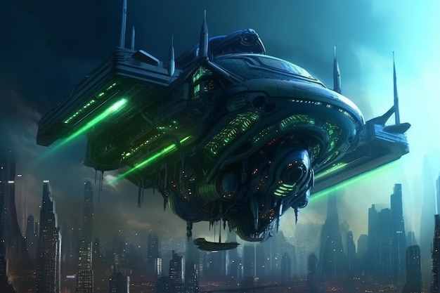 Cyfrowy obraz gotyckiego cyberpunkowego miasta przyszłości w ciemnoniebieskich i zielonych odcieniach z latającymi statkami kosmicznymi ilustracja fantasy 3D Generative AI