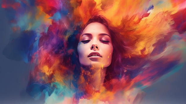 Cyfrowy obraz kobiecej twarzy z kolorowymi plamami farby Generative ai