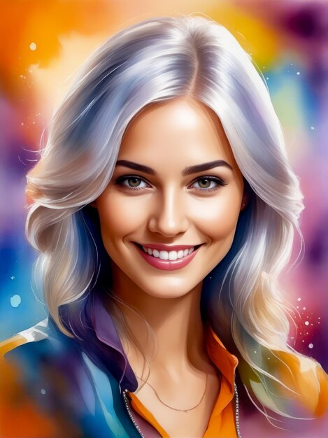 Cyfrowy obraz kobiety z blond włosami i niebieskimi oczami uśmiechającej się do kamery