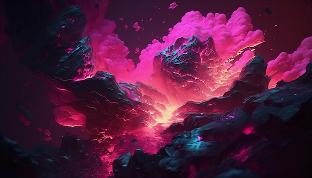Cyfrowy obraz krajobrazu lawy z różowym i fioletowym tłem.