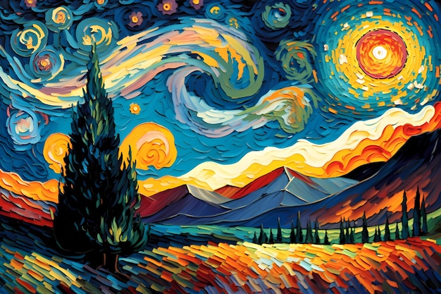 Cyfrowy obraz krajobrazu w żywych kolorach w stylu Vincenta Van Gogha