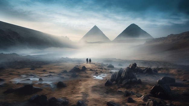 Cyfrowy obraz krajobrazu z dwiema osobami idącymi w kierunku piramid.