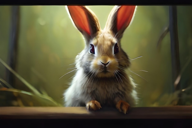 Cyfrowy obraz króliku z dużymi uszami i czerwonymi oczami Siedzi na drewnie z zielonym