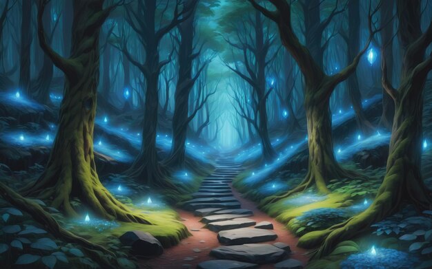 Cyfrowy obraz lasu z niebieskimi światłami i niebieską kamienną ścieżką