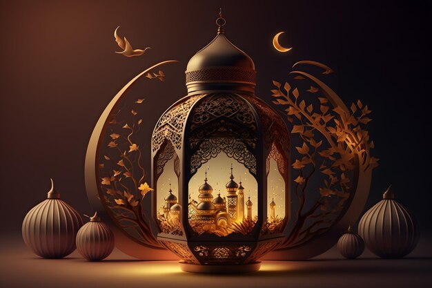 Cyfrowy obraz latarni z wizerunkiem meczetu i księżyca.