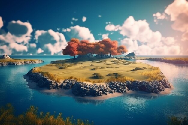 Cyfrowy obraz małej wyspy z błękitnym niebem i chmurami.