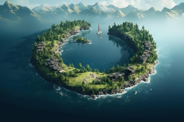 Cyfrowy obraz małej wyspy z żaglowcem w środku.