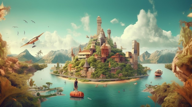 Cyfrowy obraz małej wyspy z zamkiem