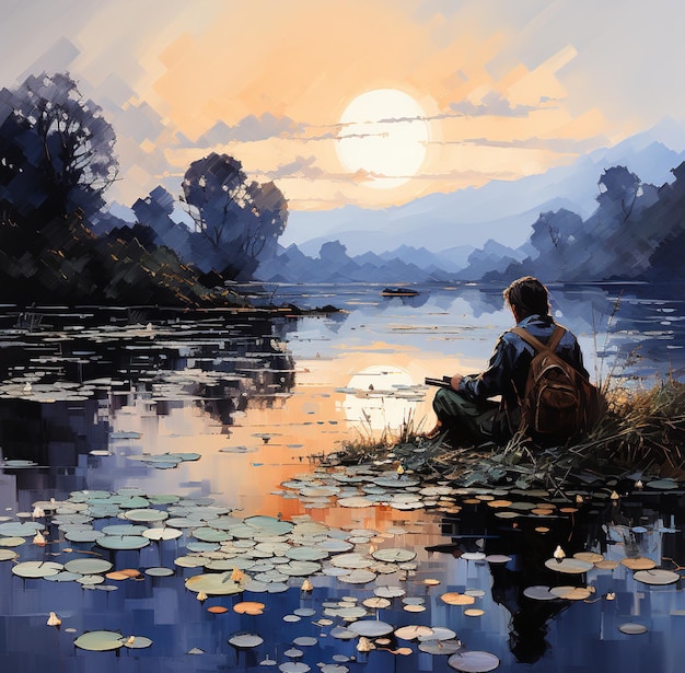 cyfrowy obraz mężczyzny siedzącego na brzegu rzeki z zachodem słońca w tle