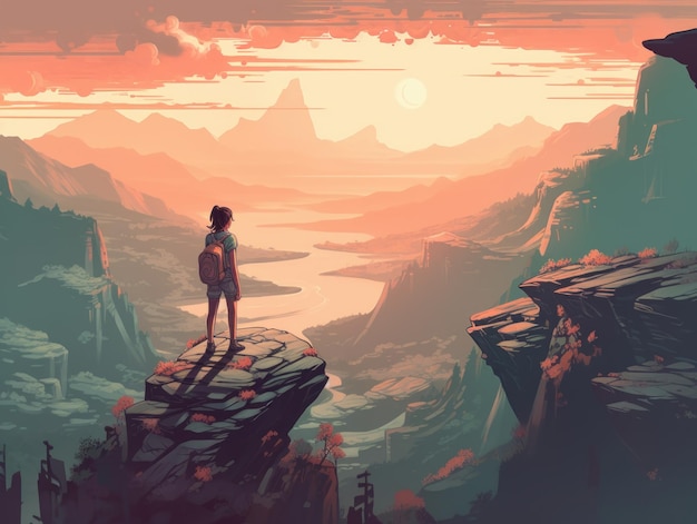 Cyfrowy obraz mężczyzny stojącego na klifie i patrzącego na dolinę z górami