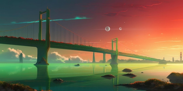 Cyfrowy obraz mostu z kolorowym niebem i planetami w tle.