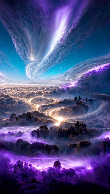 Cyfrowy obraz nieba z planetą pośrodku