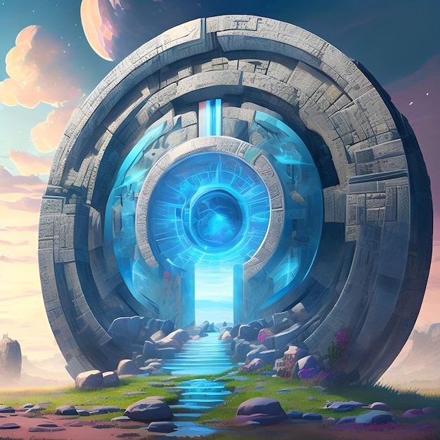 Cyfrowy obraz okrągłego przedmiotu z niebieskimi drzwiami pośrodku.