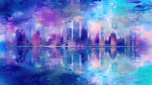 Cyfrowy obraz pejzażu miejskiego z fioletowym niebem
