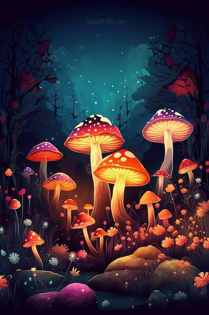 Cyfrowy obraz pola grzybów z niebieskim tłem.