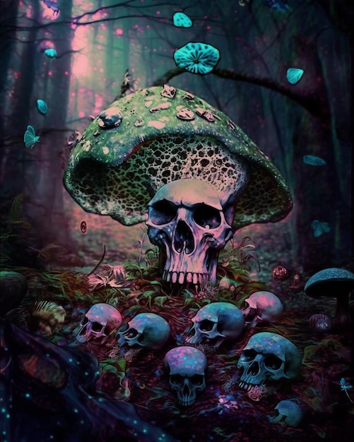 Cyfrowy obraz przedstawiający czaszkę i czaszki w lesie.
