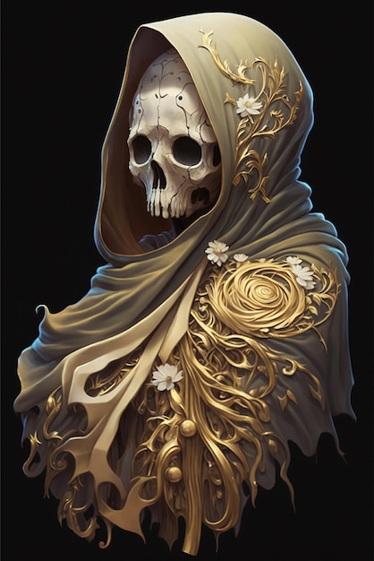 Cyfrowy obraz przedstawiający czaszkę ze złotym kapturem i kwiatami.