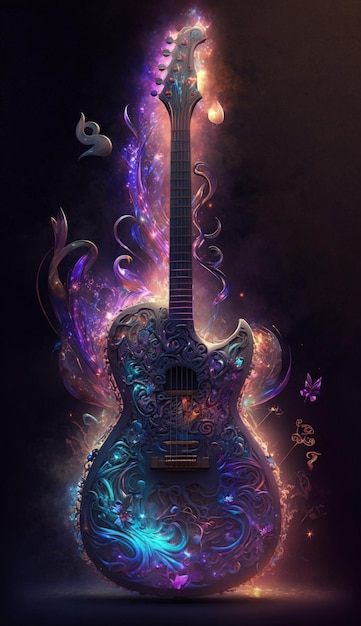 Cyfrowy obraz przedstawiający gitarę z fioletowym tłem i napisem „magia”.
