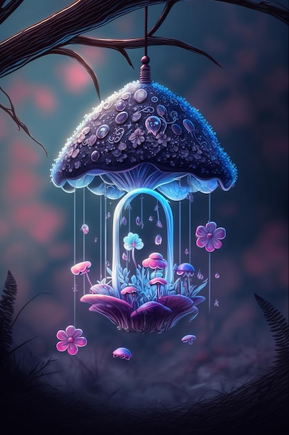 Cyfrowy obraz przedstawiający grzyba z kwiatami