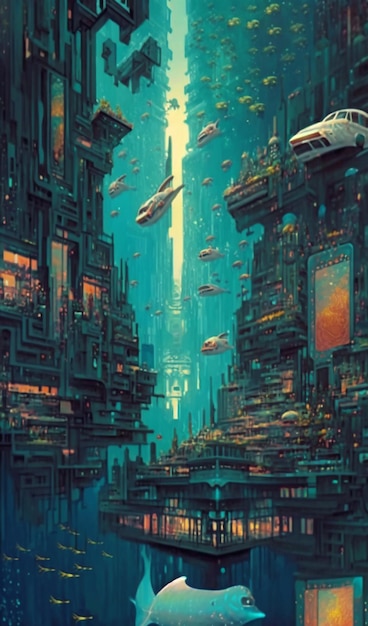 Cyfrowy obraz przedstawiający miasto z samochodem pośrodku