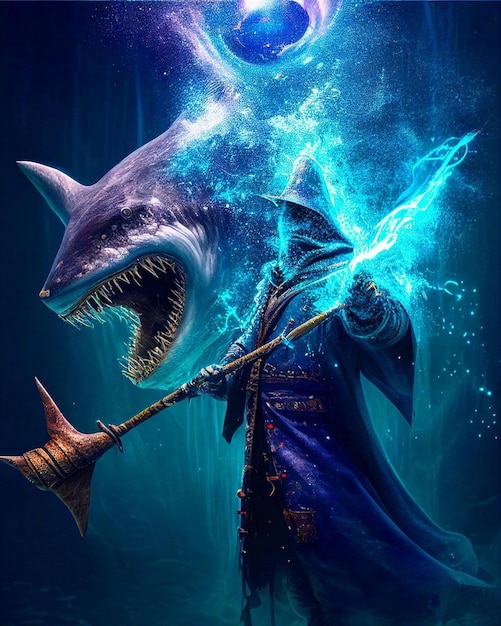 Cyfrowy obraz przedstawiający rekina z mieczem i kapeluszem.