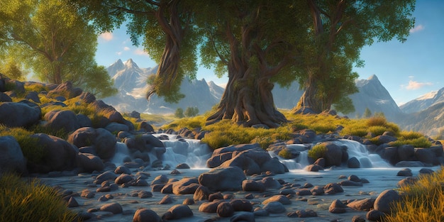 Cyfrowy obraz przedstawiający rzekę ze skałami i drzewami.
