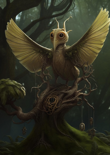 Cyfrowy obraz ptaka ze złotymi skrzydłami i złotym rogiem na głowie.