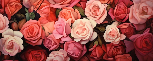 Cyfrowy obraz różowych róż z zielonymi liśćmi