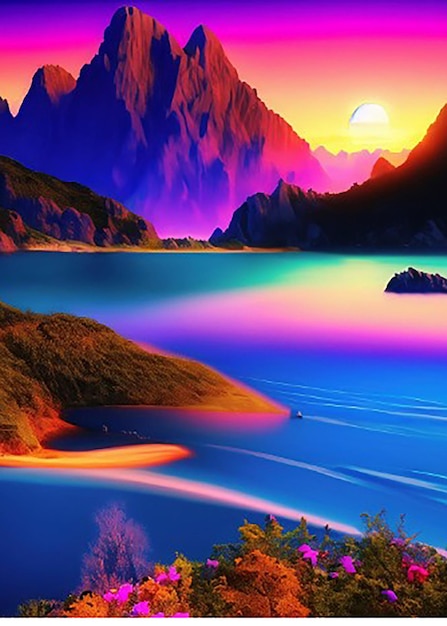 Cyfrowy obraz rzeki lub jeziora i gór z zachodem lub wschodem słońca w tle