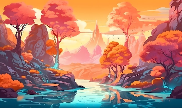 Cyfrowy obraz rzeki z drzewami i górami w tle.