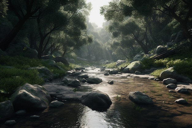 Cyfrowy obraz rzeki ze skałami i drzewami na pierwszym planie.