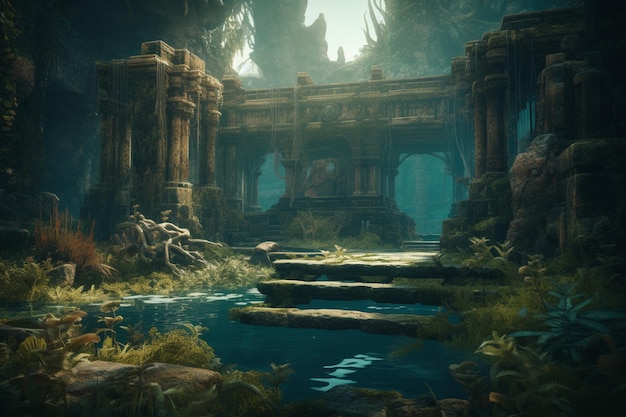 Cyfrowy obraz świątyni w lesie