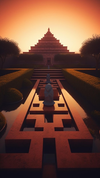 Cyfrowy obraz świątyni z posągiem pośrodku.