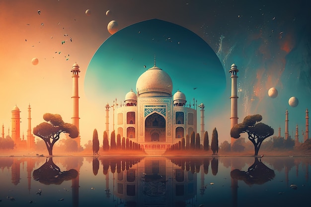 Cyfrowy obraz taj mahal z planetą w tle.